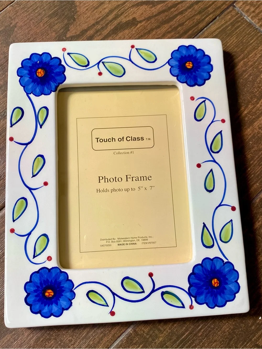 White Ceramic Photo Frame with Blue Floral Design